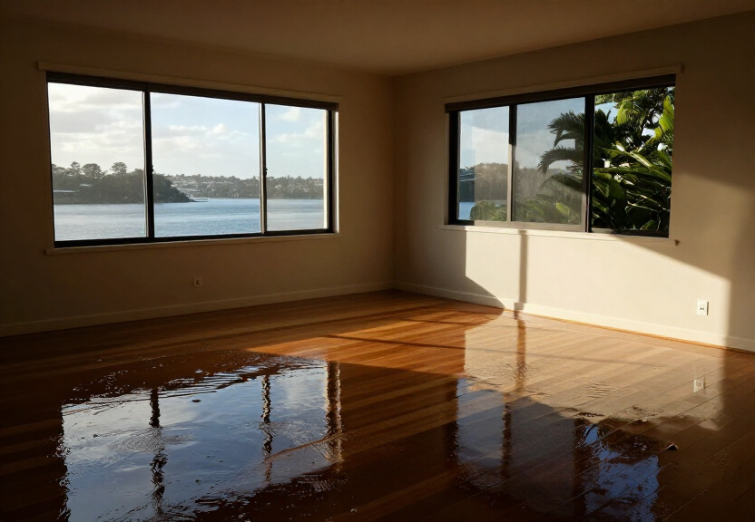 Flooded garage in Voyager Point with standing water